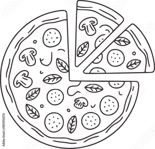 Black and white line of a sliced pepperoni and mushroom pizza