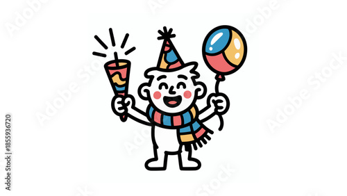 Joyful Celebration: A charming illustration depicts a cheerful figure joyfully celebrating with a firecracker and a balloon, embodying the essence of merriment and festivity.