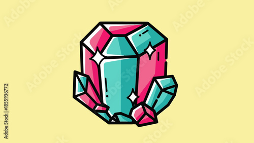 Stylized Crystal Cluster with Pink and Teal Facets and Sparkling Highlights.