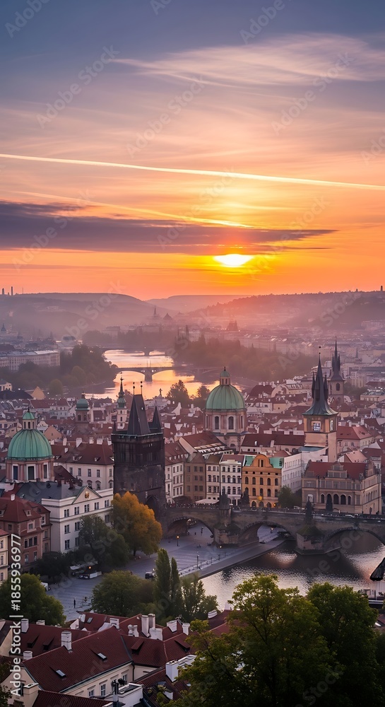 Obraz premium Prague Cityscape at Sunrise - A Breathtaking View.
