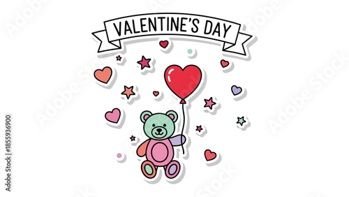 Valentine's Day Teddy with Heart Balloon: A cheerful teddy bear clutches a heart-shaped balloon, framed by hearts and stars against a backdrop, perfect for expressing affection and sentiments.