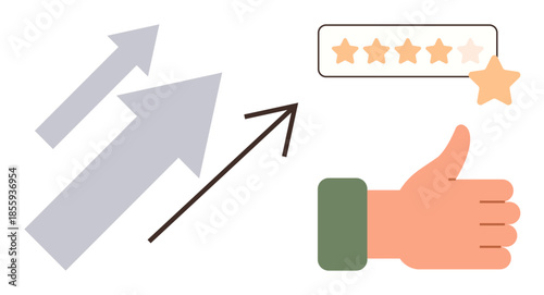 Hand giving thumbs-up next to upward arrows and a five-star rating. Ideal for concepts thumbs up success, growth, achievement, approval, positive feedback, progress, and customer satisfaction. A