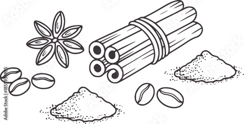 Black and white line of cinnamon sticks coffee beans and star anise spices