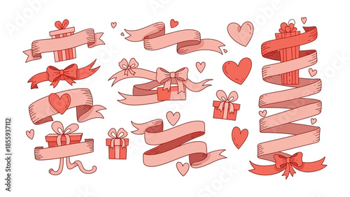 Valentine's Day Ribbons and Gifts: A charming collection of Valentine's Day elements, featuring an array of ribbons and gift boxes adorned with hearts, creating a whimsical and romantic atmosphere.