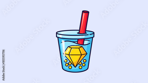 Cartoon Diamond Boba Tea Illustration with Red Straw and Blue Cup.