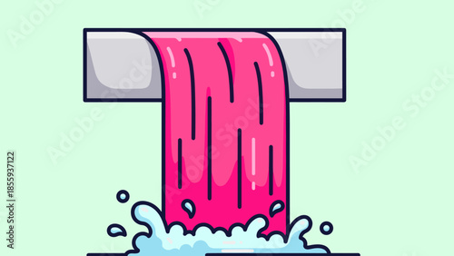 Cartoonish Pink Liquid Flowing from a Pipe into Water.