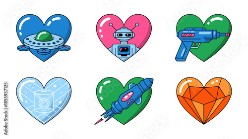 Galactic Hearts: Whimsical illustrations of various space-themed objects within heart shapes, radiating cosmic charm and creativity.