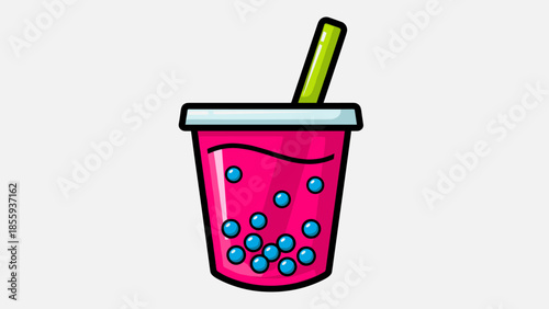 Illustration of a pink bubble tea with blue pearls.
