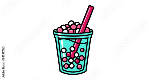 Illustration of a refreshing bubble tea drink with tapioca pearls.