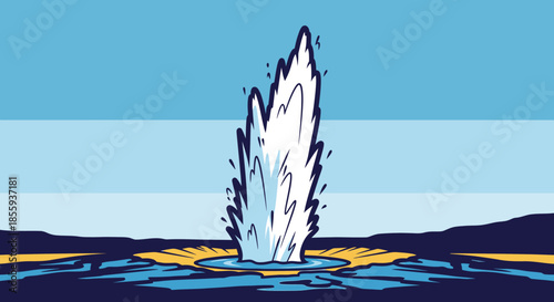 Dynamic Geyser Eruption in Vibrant Blue Landscape Illustration Artwork