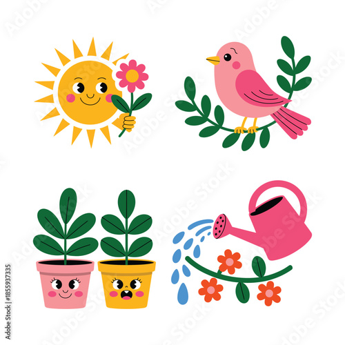 Whimsical garden scene with bird, ladybug, apron, and flowers