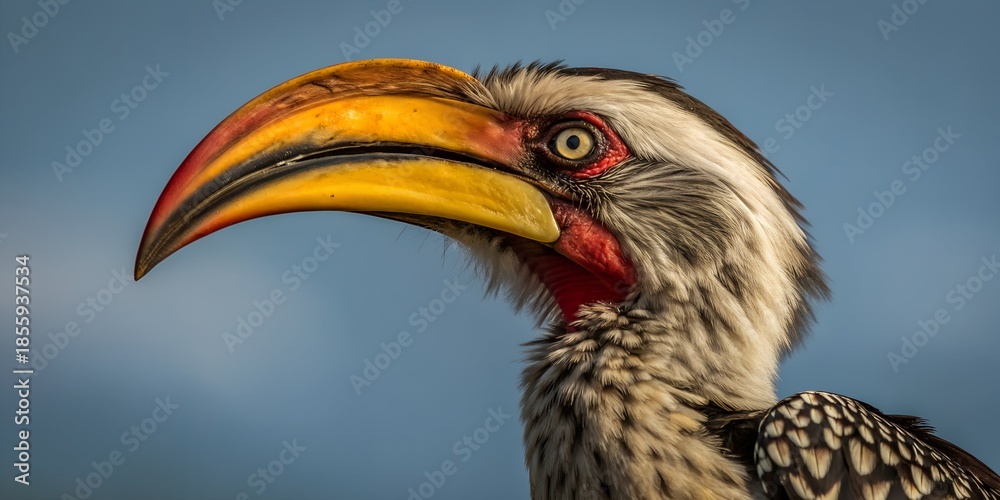 Fototapeta premium Yellow billed hornbill close up view featuring large curved beak and red throat skin against clear blue sky background outdoors
