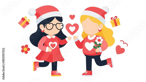 Sweethearts' Winter Celebration: Two young women, full of affection, celebrate the season of love with gifts, hearts, and the warmth of the holidays. Embracing the spirit of togetherness.