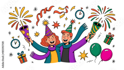Joyful Celebration: Embrace the festive spirit with a vibrant illustration of a happy couple, immersed in a whirlwind of confetti, party favors, and dazzling fireworks.