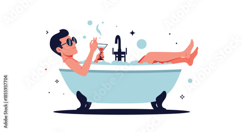 Cool man wearing sunglasses relaxing in a bubble-filled bathtub while enjoying a cocktail and smoking a cigarette.