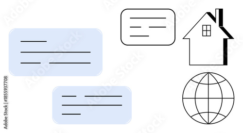 Communication, networking, remote work, online learning, global connection, digital platforms. Blue dialogue boxes, house icon globe . Communication and networking concepts