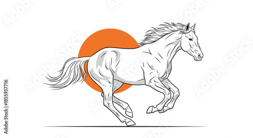 Elegant white horse galloping swiftly across a field with a large symbolic orange sun or circle in the background.