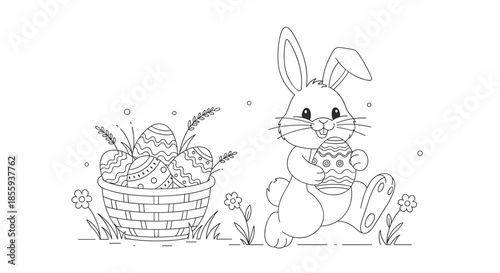 Fun Easter-themed coloring page featuring a happy bunny carrying a decorated egg and a basket full of colorful eggs.