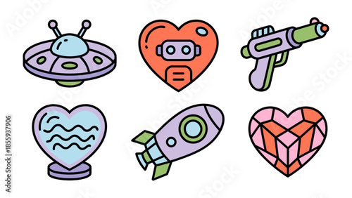 Whimsical Symbols of Love and Exploration: A delightful illustration featuring a collection of unique, heart-shaped symbols including a spaceship, robot heart, toy gun, and other playful elements.