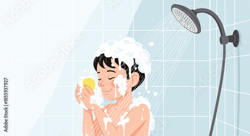 Young boy happily taking a shower with plenty of white soap bubbles and a yellow sponge for daily hygiene.
