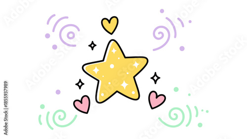 Celestial Reverie: A charming illustration featuring a radiant star surrounded by hearts and swirls.