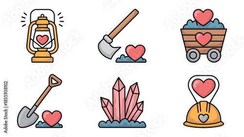 Love's Hidden Treasures: Delightful illustrations unveil the essence of love through mining-themed icons, symbolizing the exploration and discovery of affection and warmth. 