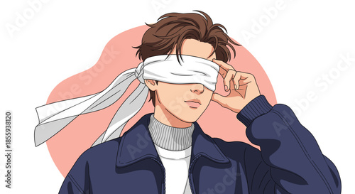 Portrait of a young man in anime style wearing a dark blue jacket and a white blindfold over his eyes against a pink background.