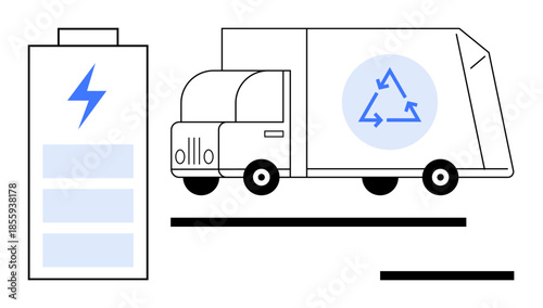Renewable energy, recycling, green transportation, EV utilization, circular economy, eco-friendly technology. Truck with recycling symbol and battery icon. Renewable energy and green transportation