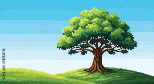 Solitary green tree with a thick trunk standing atop a lush grassy hill under a bright layered blue sky.
