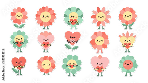 Floral Companions: A charming collection of anthropomorphic flower and heart characters, each radiating affection as they embrace miniature hearts.