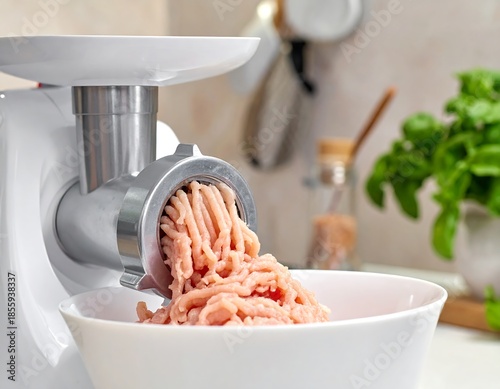 Close-up of a meat grinder processing ground meat into a white bowl. Background shows kitchen and basil