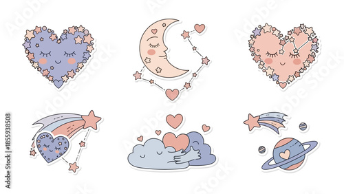 Celestial Dream: A collection of adorable illustrations featuring whimsical hearts, stars, and a smiling moon, set against a backdrop of dreamy pastels.