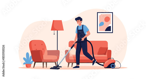 Male professional cleaner in blue overalls using a vacuum cleaner to tidy a cozy living room with orange furniture and decor.
