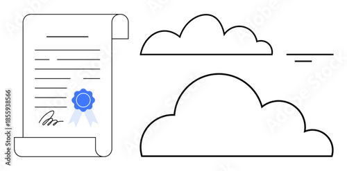 Cloud storage concept. Cloud outlines with certified document signify secure storage and efficient accessibility. Cloud storage enhances security for digital files, data, and collaboration. Business