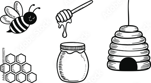 Hand Drawn Honey Bee and Hive Doodle Set Vector Illustration