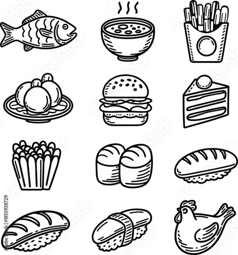 Hand drawn food doodle vector icon set
