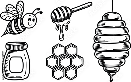 Hand drawn honey and bee doodle set with hive, dipper, jar, honeycomb isolated on vector illustration