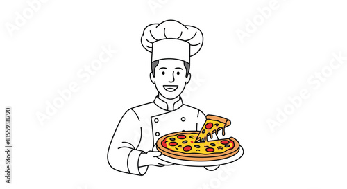 Smiling professional chef wearing a traditional white uniform and tall hat holding a delicious pizza with various tasty toppings.