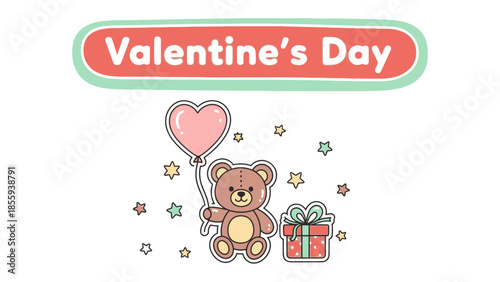 Valentine's Day Greeting: Adorable teddy bear, holding heart-shaped balloon, presenting a gift box with stars, celebrating Valentine's Day. 