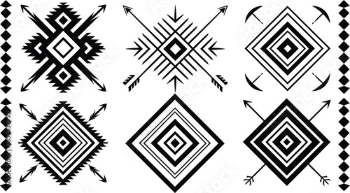 Tribal geometric vector ornaments set. Black Aztec, Navajo and ethnic style patterns collection.