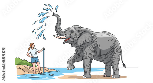 Young woman in casual summer clothes using a hose to spray water on a large grey elephant standing at the edge of a body of water.