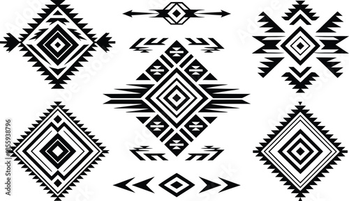 Tribal geometric vector ornaments set. Black Aztec, Navajo and ethnic style patterns collection.