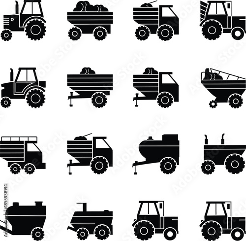 Farm Machinery and Agriculture Vehicle Icons Set, vector illustration