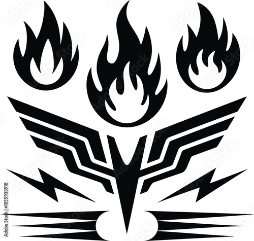 Abstract Tribal Tattoo Vector Design with Symmetrical Fire Wings and Gothic Ornaments