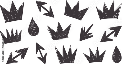 Hand drawn crown and arrow set in monochrome line style