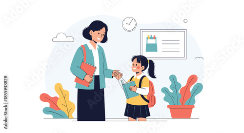 Kind female teacher holding books and talking to a young schoolgirl in a yellow sweater and blue skirt in a bright classroom.