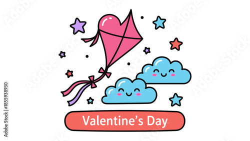 Love in the Skies: A charming illustration depicts a Valentine's Day scene with a heart-shaped kite soaring above fluffy, smiling clouds, conveying a message of affection and warmth.