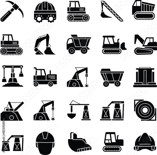 Mining and Construction Heavy Machinery Glyph Icon Set: Excavator, Bulldozer, Truck, and Industrial Tools Silhouette Vector Collection