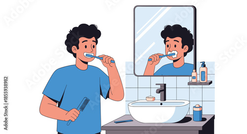 Young man with dark curly hair looking at his reflection in the bathroom mirror while brushing his teeth in the morning.