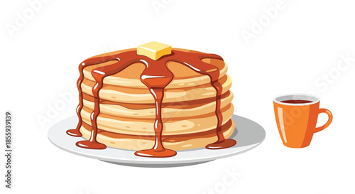 Delicious stack of thick golden pancakes topped with melting butter and dripping maple syrup served with a cup of hot coffee.
